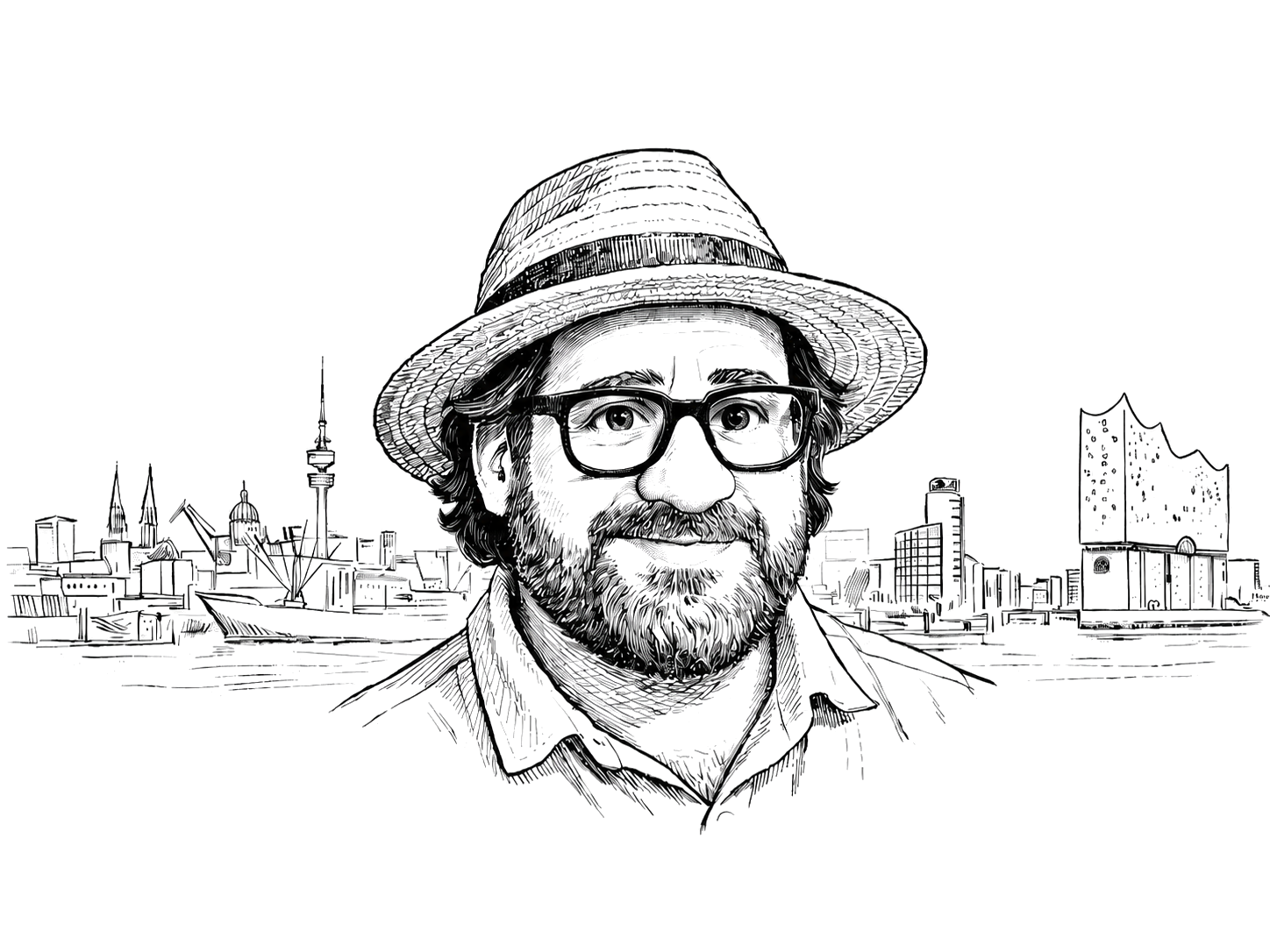 Portrait Mirko mit Strohhut vor der Hamburger Skyline
